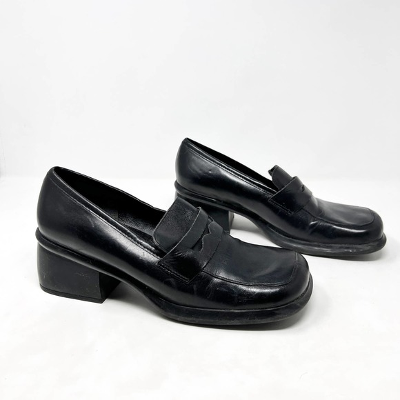 Nine West Shoes - [Nine West] Y2K Vintage 90s Faux Leather Chunky Square Toe Penny Loafer Heels